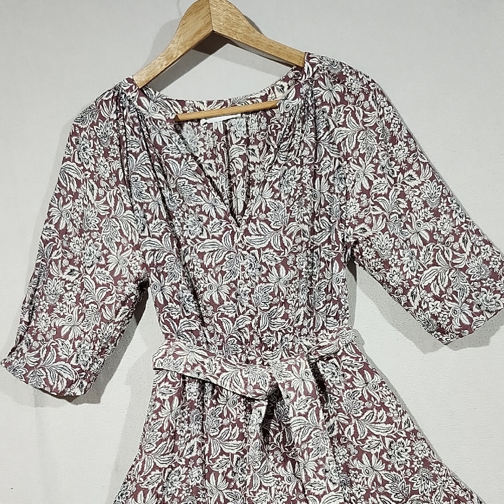 MNG Soft Burgundy & Cream Floral Tiered V Neck Dress Boho Peasant Sleeve XS‎
